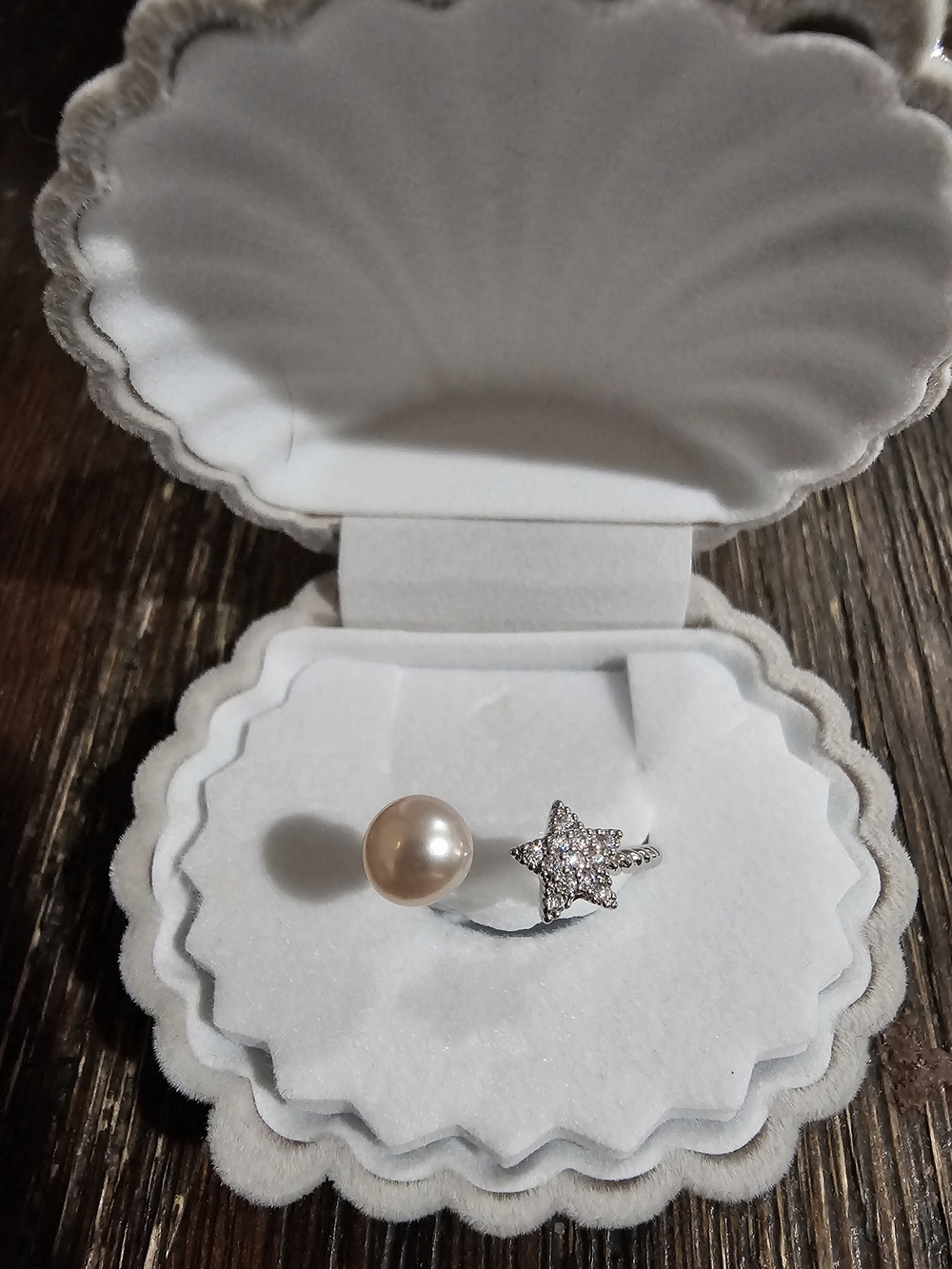 Pearl and Pave Star Silver Open Ring - White Pearl